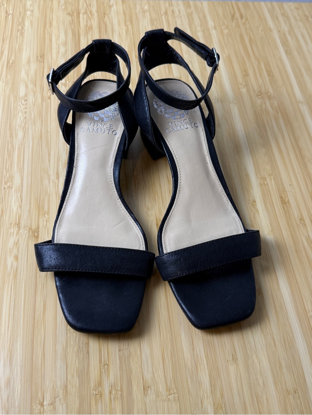 Vince Camuto Black Square-Toe Ankle Strap Block Heels leather